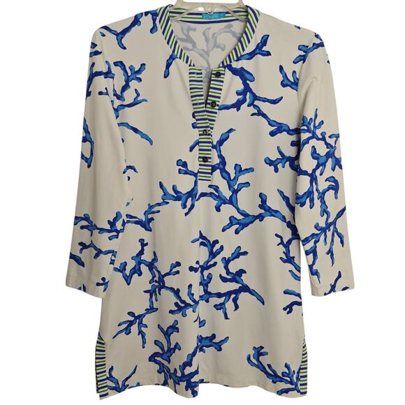 J McLaughlin Catalina Cloth Tunic Top Size Small Blue Coral Print Beach Coastal - Picture 2 of 9